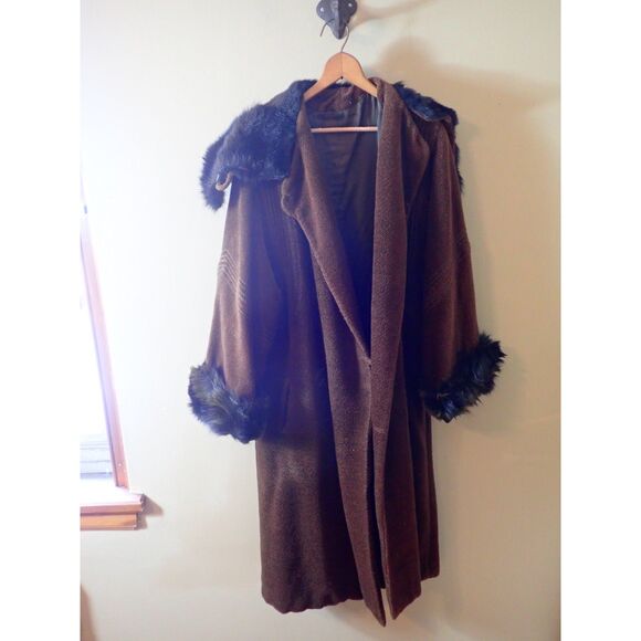 Vintage Penny Lane Brown Faux Fur Collar Jacket Tench Winter Coat Large/XL - Picture 1 of 12